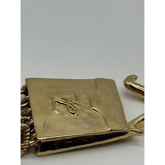 Vintage Karl Lagerfeld Gold Tone Multi Strand Chain Purse Shaped Clasp Necklace